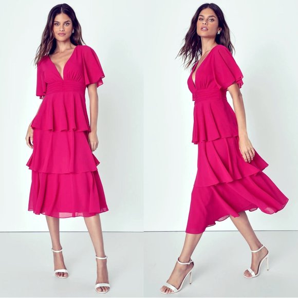 Lulu's Vibrant Pink Tiered Midi Dress - Picture 1 of 3